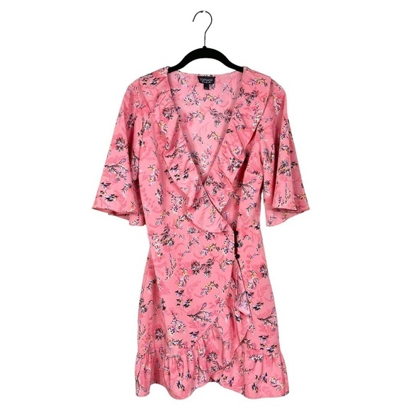 Topshop Off Duty Pink Floral Frilly Wrap Ruffle Tea Printed Sun Dress Size 4 - Picture 1 of 11
